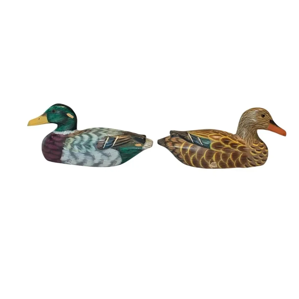 Vintage Duck Figurines Decoys Decor Set of 2 Wooden Painted Rustic Cabincore